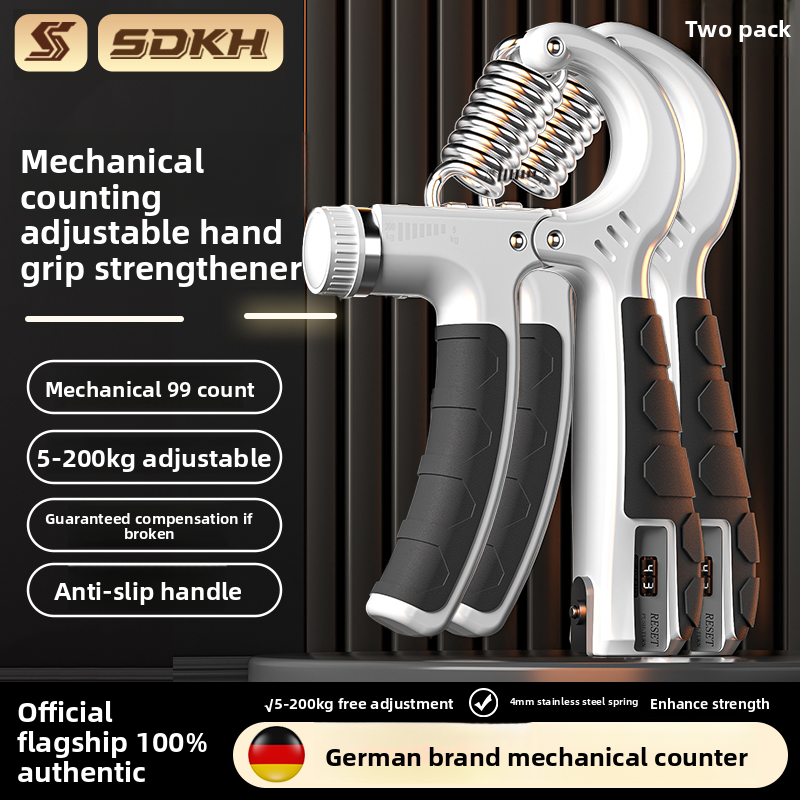 Adjustable grip strengthener detail showing the counter reset and resistance knob