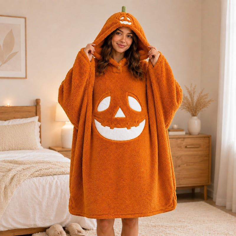 Womens pumpkin print fleece lounge hoodie, orange with stitched jack o lantern face, size L