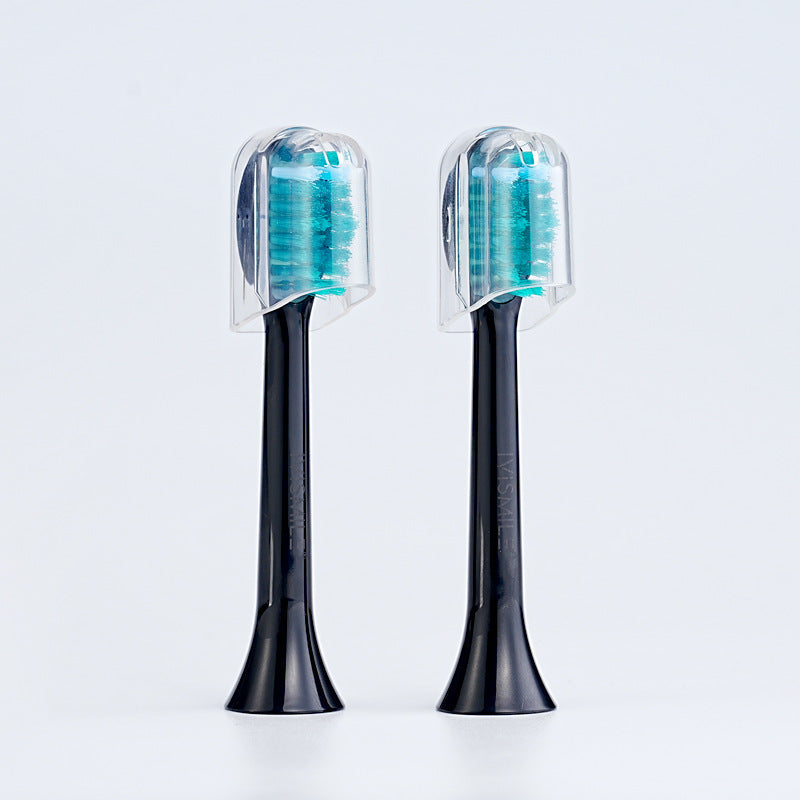 Two black brush heads with teal bristles and clear caps, option image for the Black LED Brush Head 2pcs option