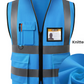 Medium blue knit reflective work vest with ID window pocket, pen slots and flap pockets