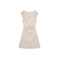 A-line cap sleeve ruched waist mini dress in soft stretch knit, laid flat to show the A-line cut