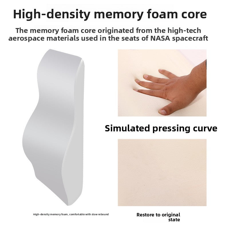 Cutaway of the grey slow rebound memory foam core with a hand pressing the surface