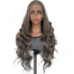 Front view of a long wavy gray brown lace front wig on a mannequin against a white background