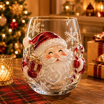 Clear borosilicate Christmas glass cup with a raised painted Santa motif on a festive table