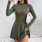 Military green ribbed knit mock neck fit and flare dress worn with a white shoulder bag, option Military green S