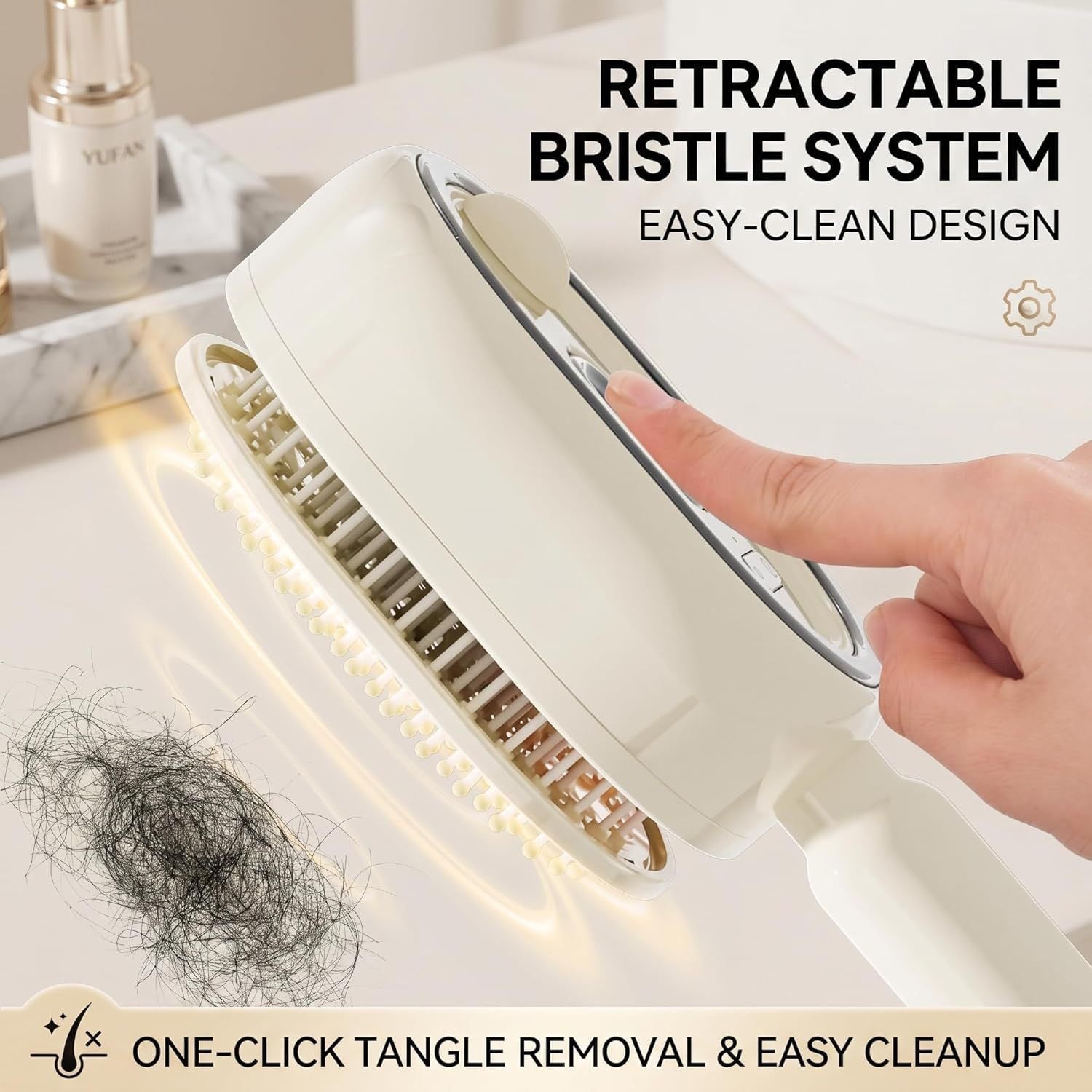 Cream hair brush with the retractable bristle plate lifted to release trapped shed hair