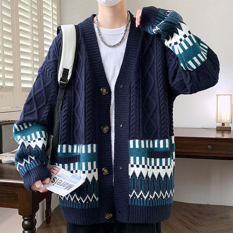 Navy blue cable knit V neck cardigan with a teal jacquard band, image for the Navy Blue option in size XXL