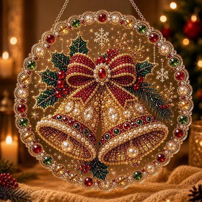 Finished Christmas door hanger covered in red green and gold rhinestones