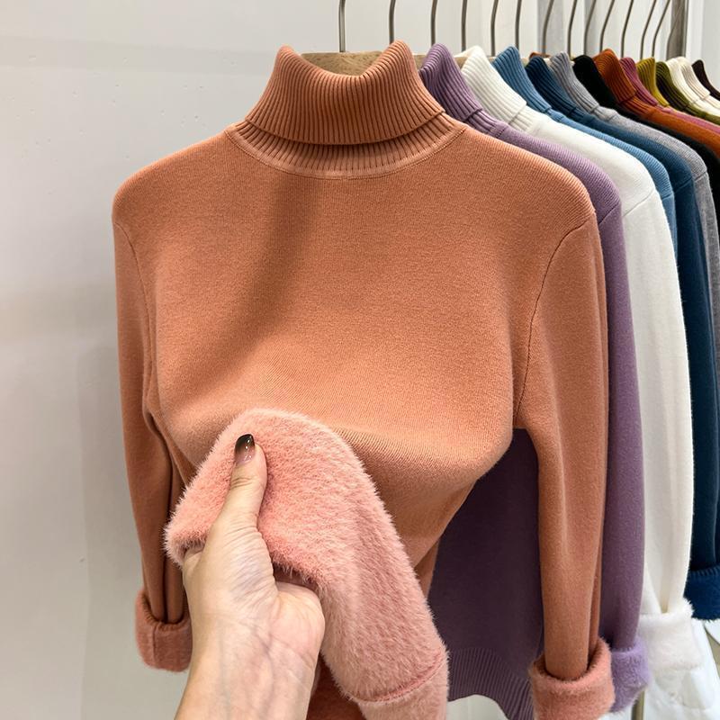 Salmon Pink high collar fleece lined knit sweater, size 2XL option, shown on a hanger