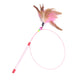 Pink handled cat teaser wand with a feather tuft, beads and bell on a coiled steel wire