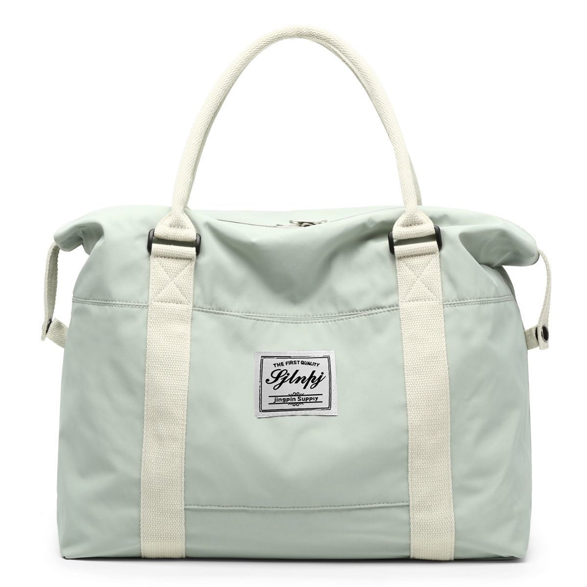 Mint green nylon weekender bag with cream handles