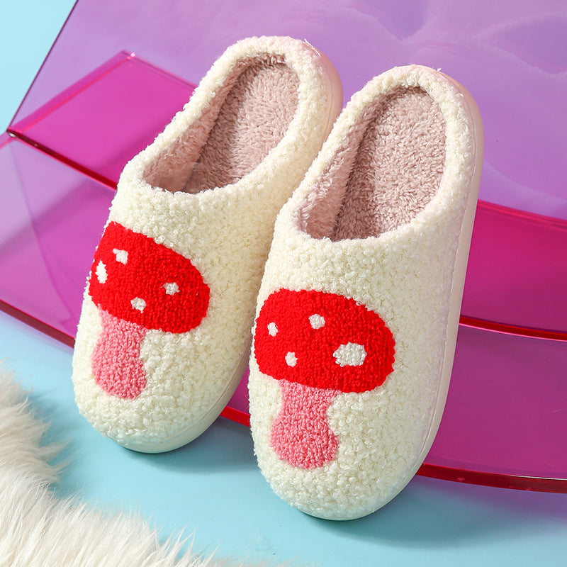 Cream plush slippers with a tufted red mushroom design, size 44-45 option