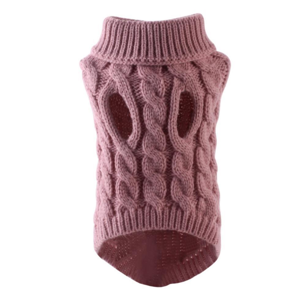 Solid color cable knit dog sweater shown from the side on a small dog indoors