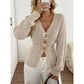 Back view of an apricot ribbed knit cardigan with long balloon sleeves