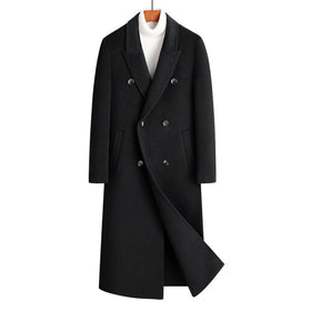 Mens Long Double Breasted Wool Blend Coat with Peak Lapel