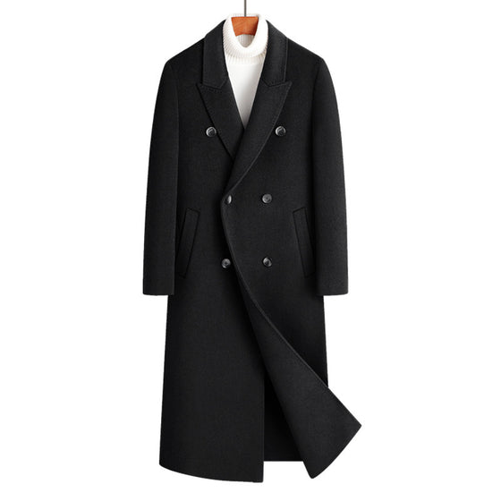 Mens Long Double Breasted Wool Blend Coat with Peak Lapel