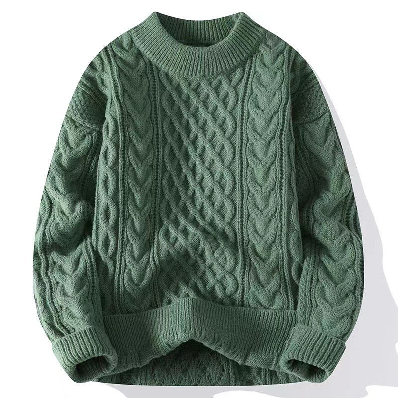 Back view of the cable knit crewneck pullover with an even ribbed hem band at the base