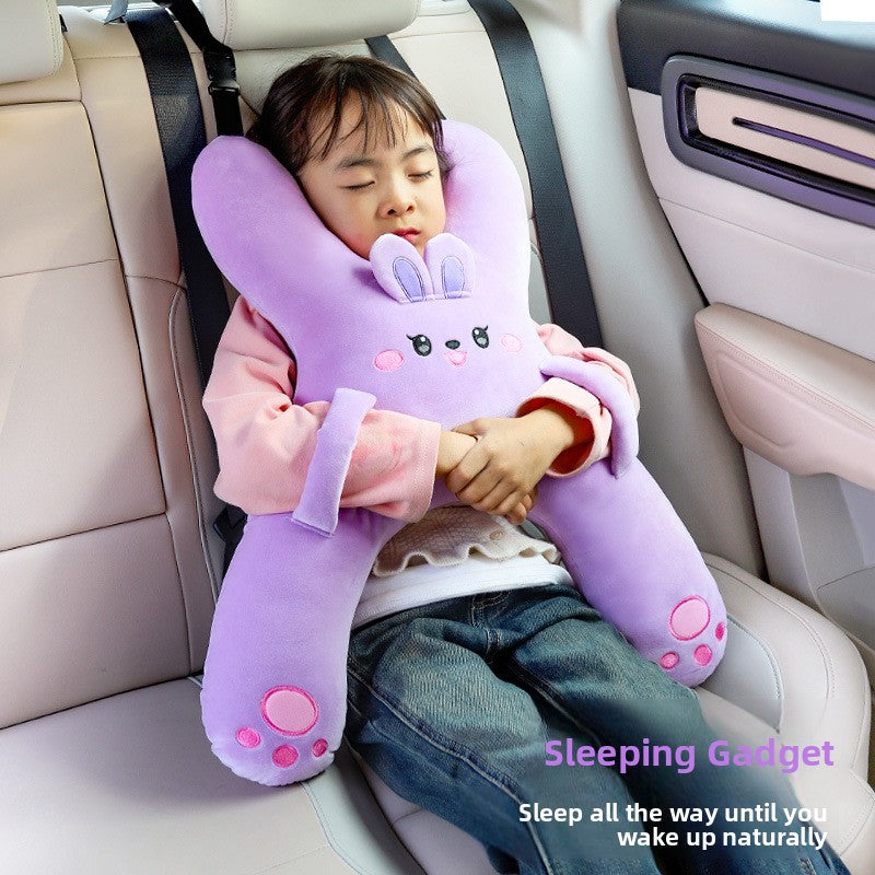 Purple rabbit shaped plush car nap pillow hung on a car headrest with a child