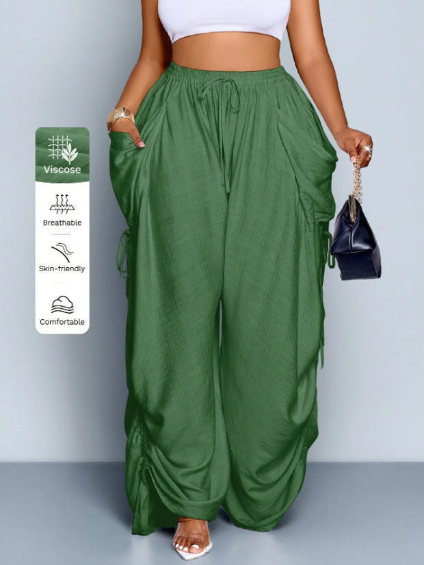 High waist wide leg linen look viscose drawstring trousers, the soft viscose linen look fabric close up