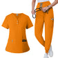 Scrub top worn to show the fitted womens cut through the waist
