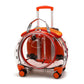 Transparent orange pet carrier on wheels with orange trim, an orange telescopic handle and a round clear door