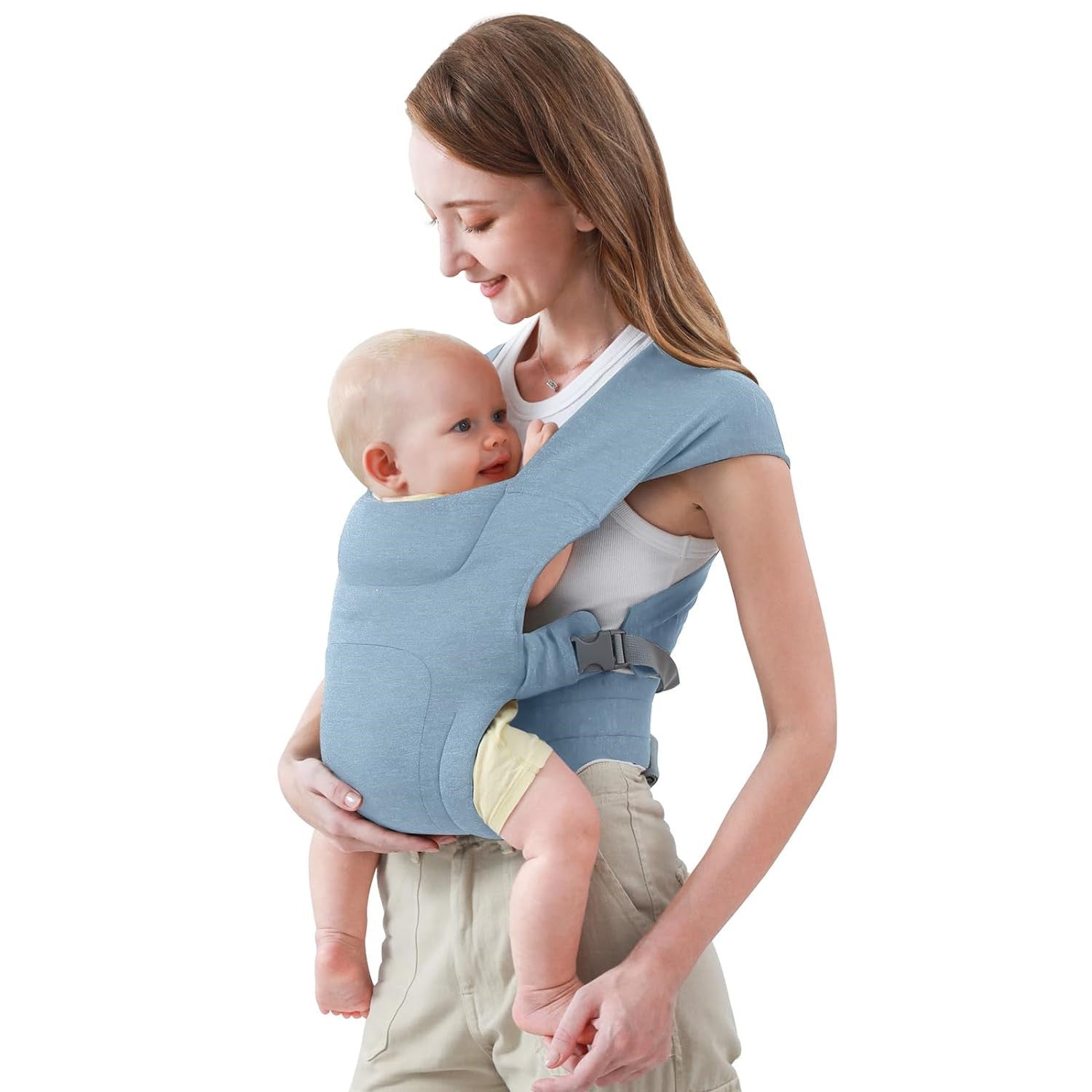 Light blue cotton X-type baby carrier with a side buckle, baby carried on the front facing in