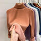Salmon Pink high collar fleece lined knit sweater, size L option, shown on a hanger
