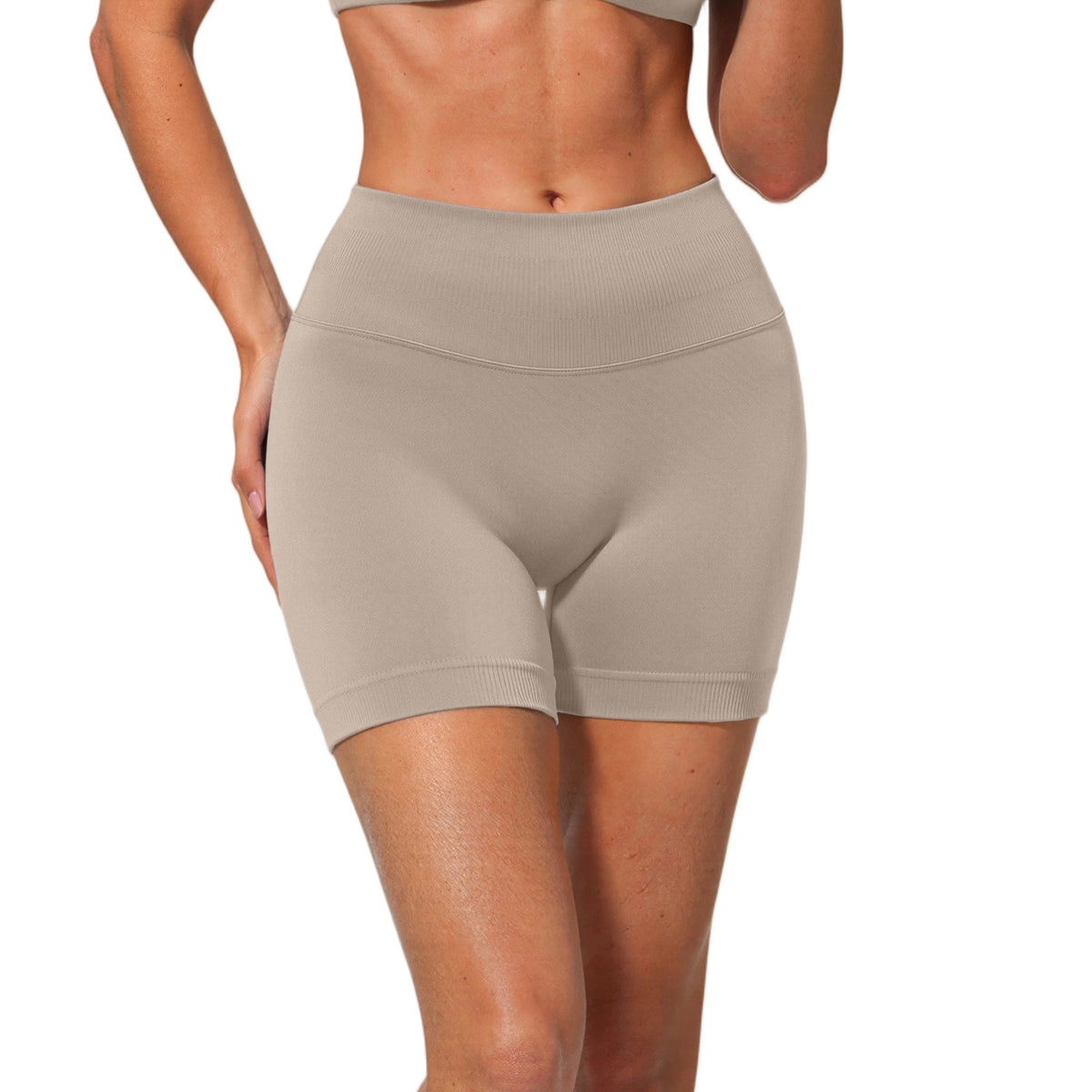 Light khaki high waisted seamless yoga shorts with a wide ribbed waistband, front view, size L option