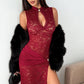 Wine red lace dress with keyhole stand collar and ruched hip panel, styled with a black fur wrap