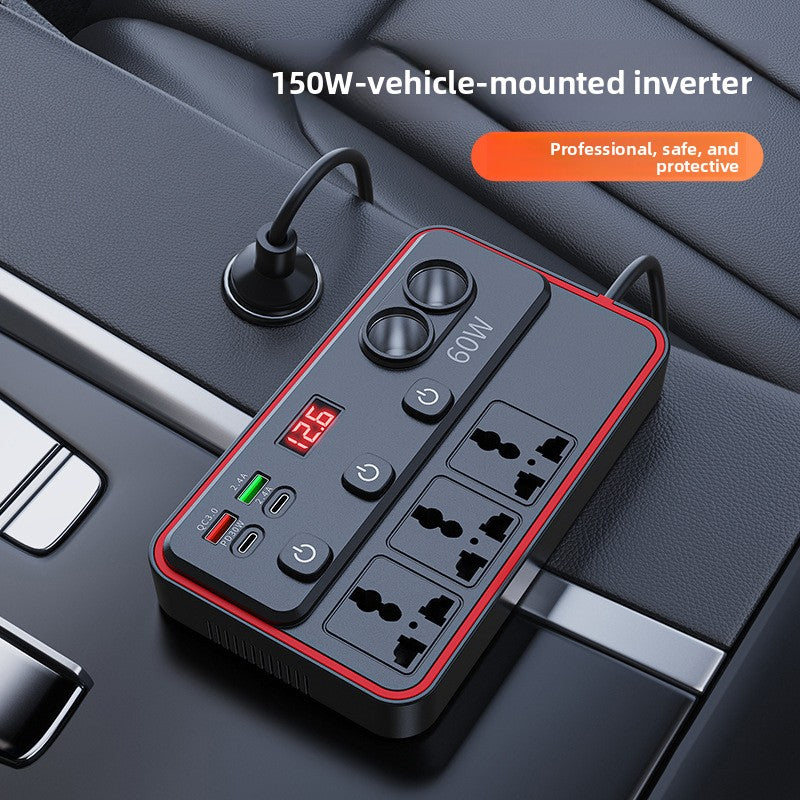 Car power inverter with red trim on a car console beside its plug cord, captioned 150W vehicle mounted inverter