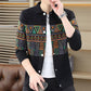 Black geometric pattern men's knit button cardigan with a point collar and buttons