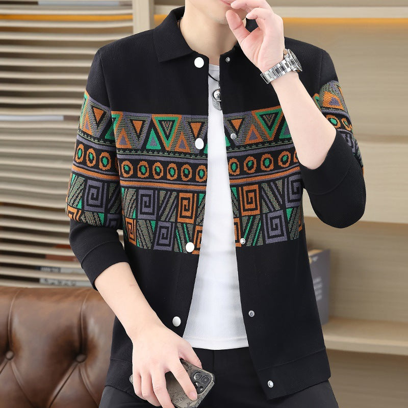 Black geometric pattern men's knit button cardigan with a point collar and buttons