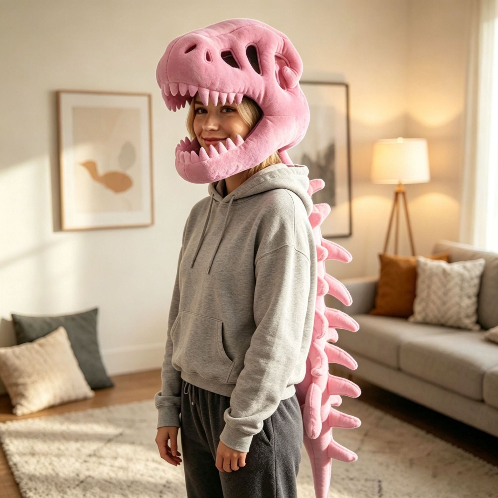 Plush dinosaur skull costume hood with an open toothy jaw and a padded crystal velvet spine tail