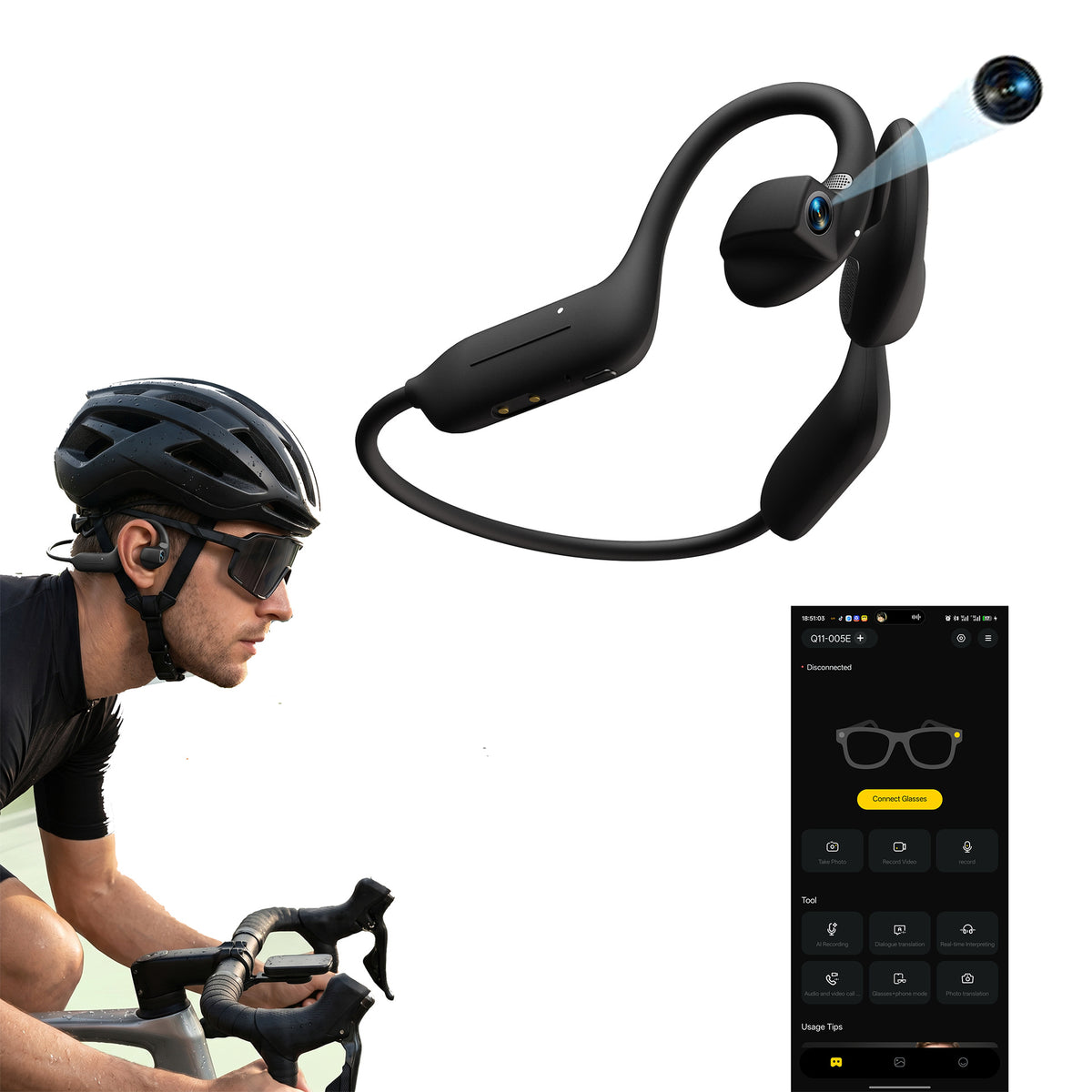 Black open-ear headset with a camera beam beside a cyclist in a helmet and a phone control screen on white