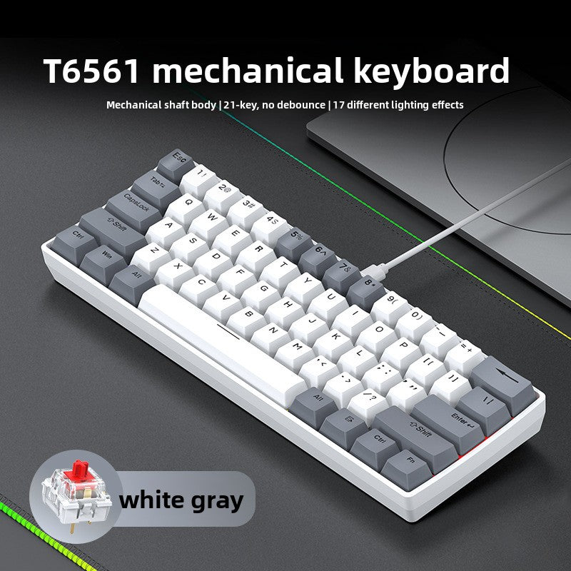 T65 white and gray keycap mechanical keyboard with red switch and USB cable