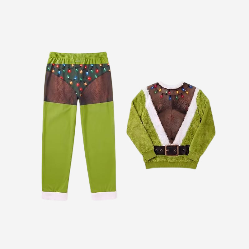 Green ugly Christmas pajama outfit with a printed skin and string lights design on soft fleece
