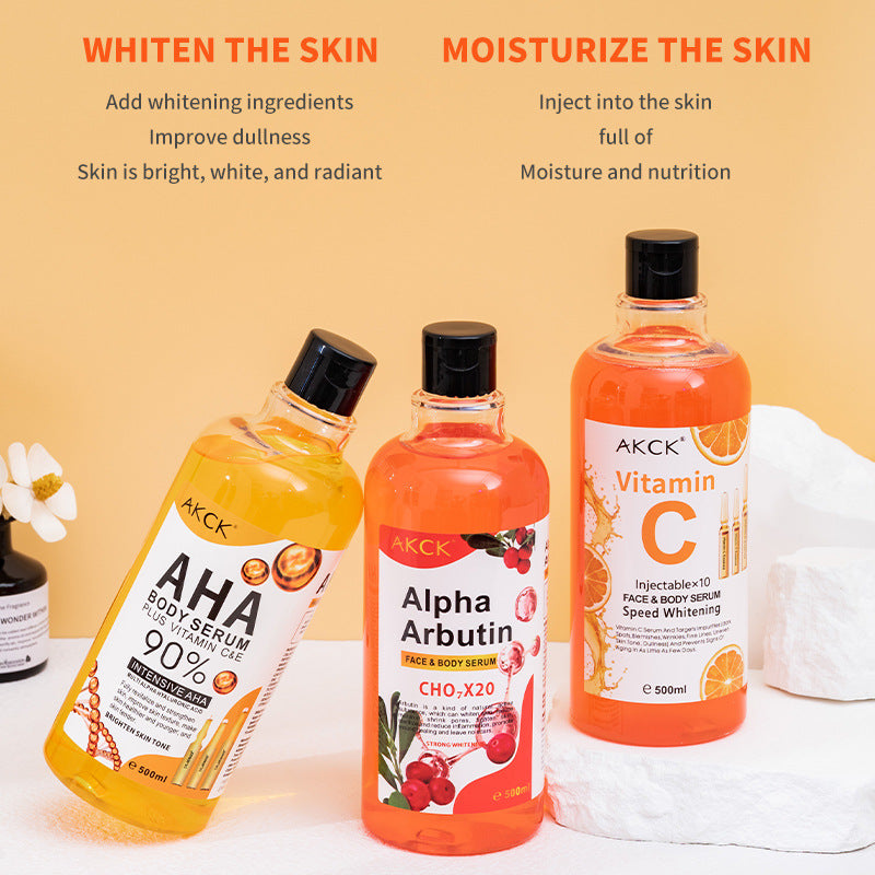 Alpha Arbutin face and body serum bottle marked CHO-X20, filled with a bright orange watery essence.