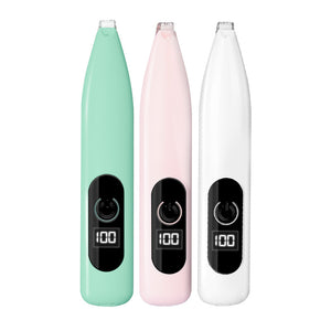 Emerald green, pink and pearl white pet paw trimmers side by side showing the battery percentage window