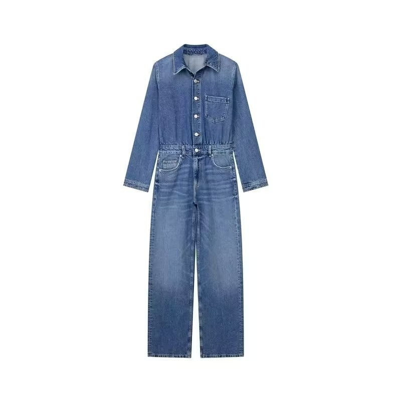 Dark blue washed denim jumpsuit flat front view with metal buttons and long sleeves, size L option