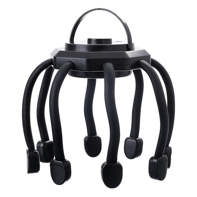 Black scalp massager with a top carry loop and eight flexible black claws