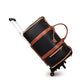 Black duffel travel bag with brown straps, a gold toned zip, a tassel, a pull rod and two wheels