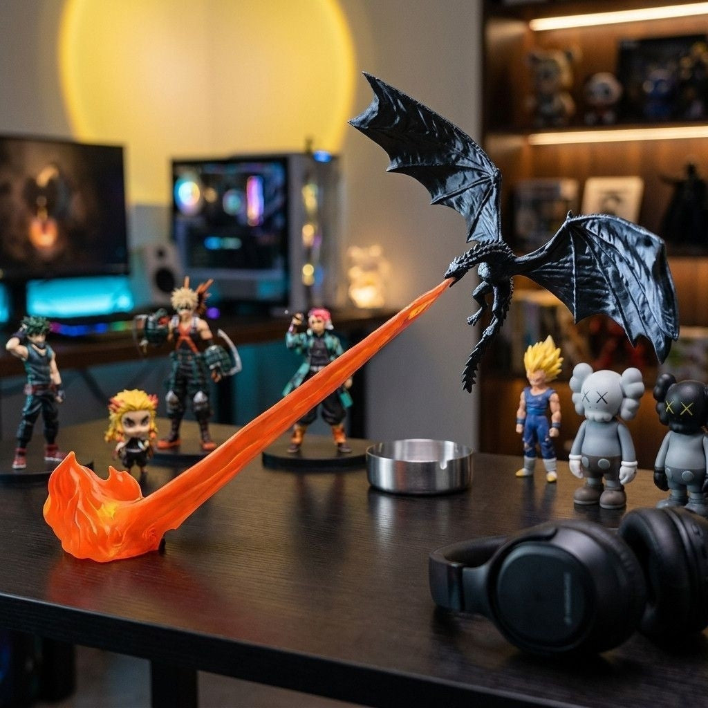 Black dragon figure with an orange flame stream and flame base on a dark desk beside anime figures and headphones