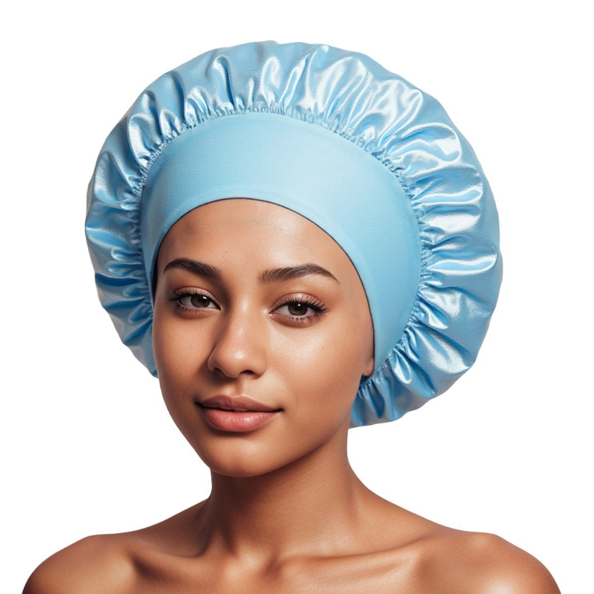 Light Blue satin sleep bonnet with ruffled crown and wide elastic band, 35 cm diameter