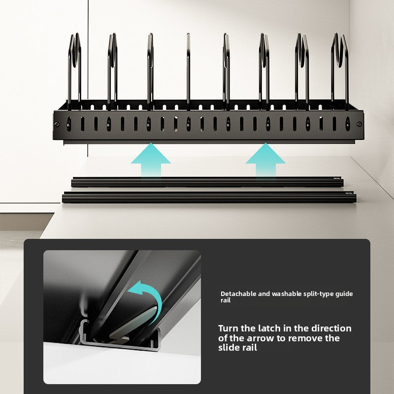 Carbon steel pot organizer rack with movable dividers shown from the side