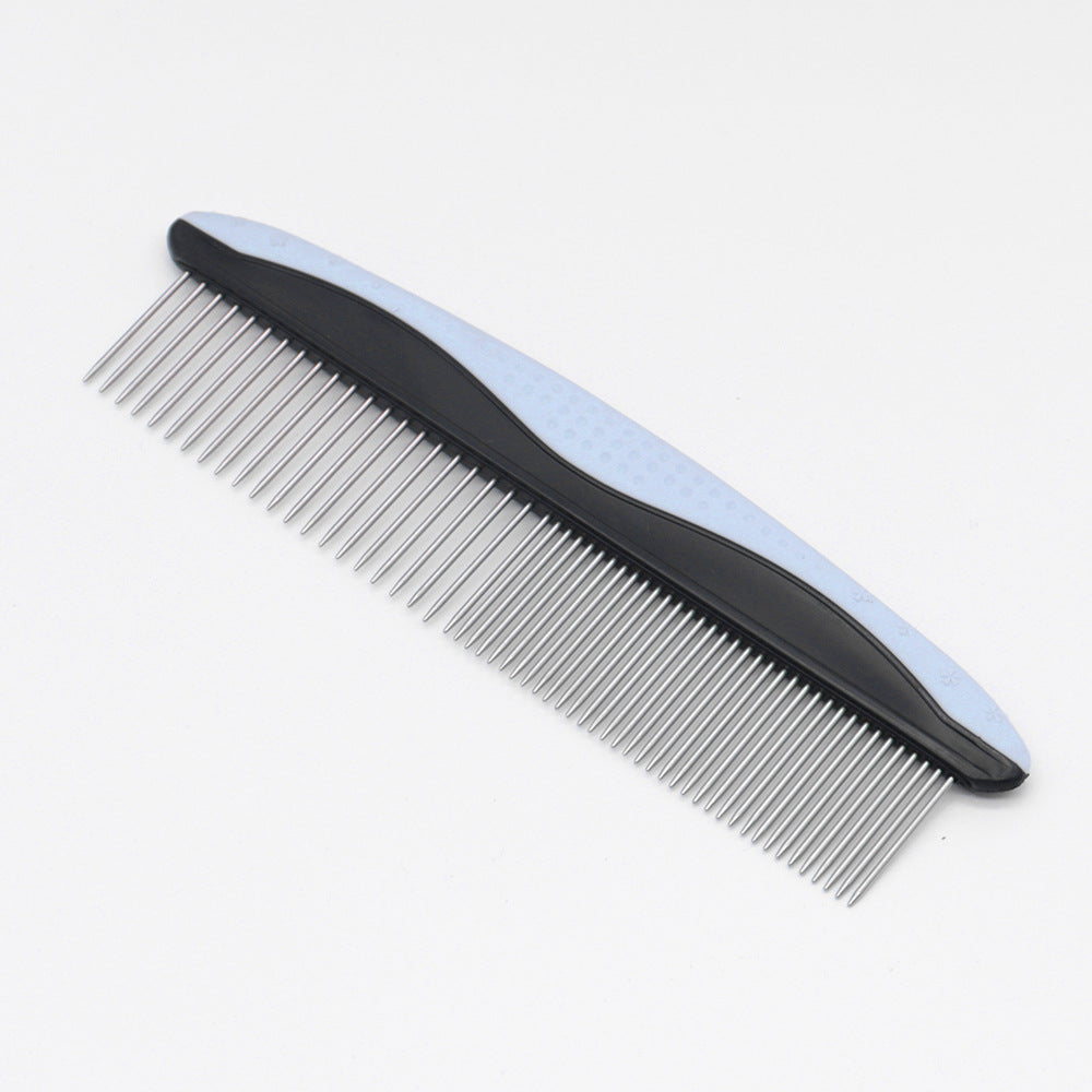 Pet grooming comb with steel pins and a two tone rubberised handle