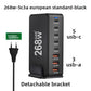 GaN desktop charger with a blue power light and eight stacked USB C and USB A charging ports
