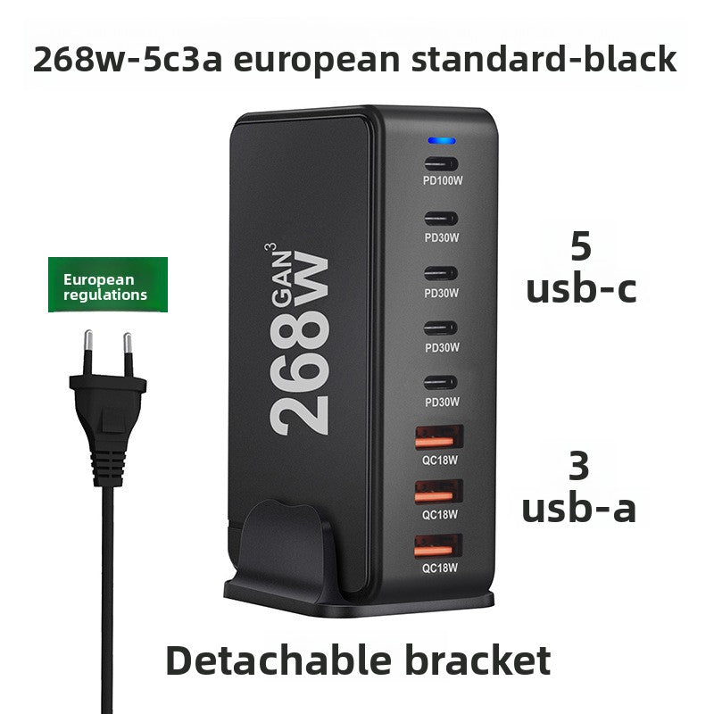 GaN desktop charger with a blue power light and eight stacked USB C and USB A charging ports
