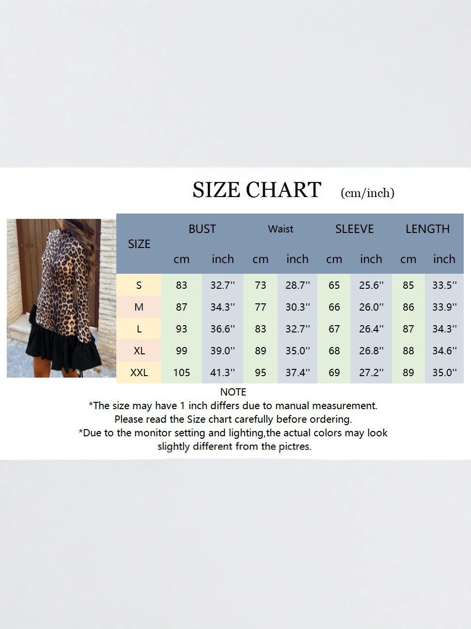 Size chart for the leopard print mini dress listing bust, waist, sleeve and length in cm and inches for sizes S to XXL