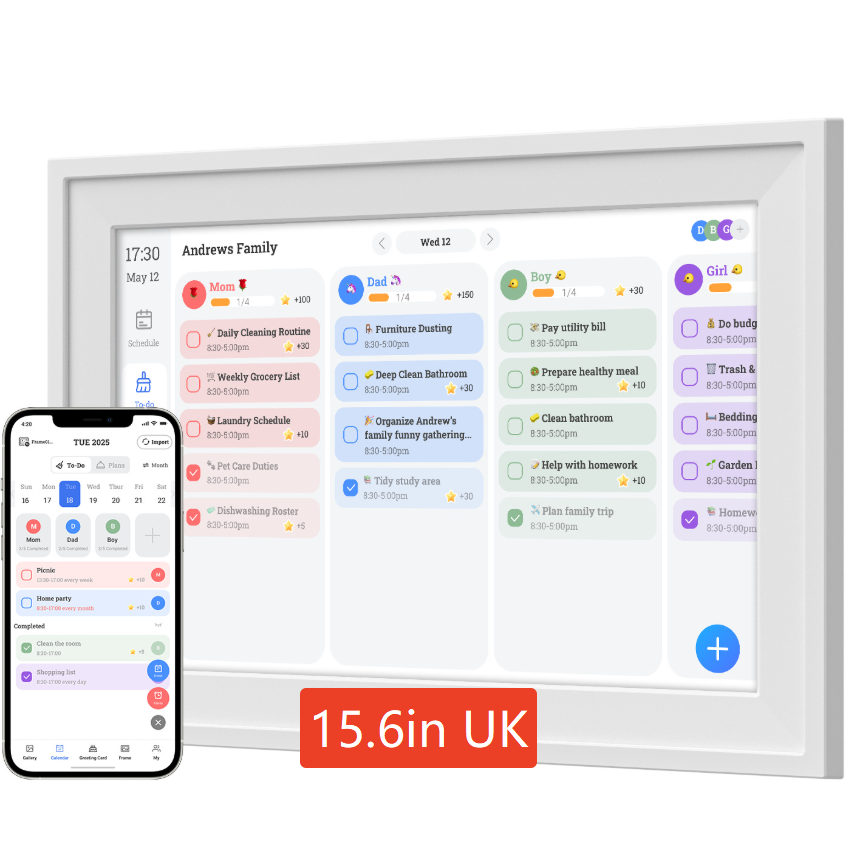 White framed touchscreen family calendar displaying the current time, date and weather