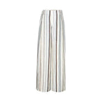 Cream striped wide leg viscose pants with vertical navy and brown stripes front view